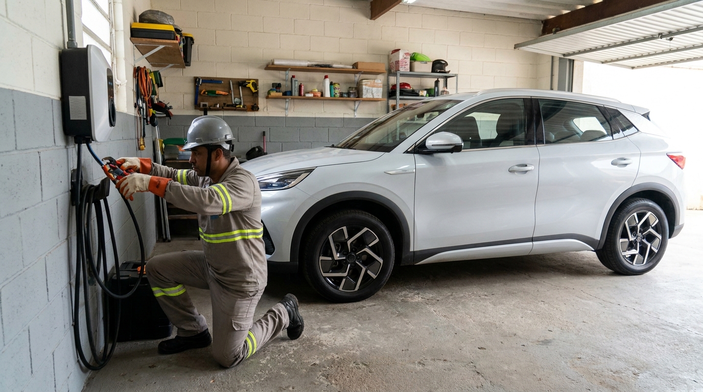 Eletricista instalando carregador de carro eletrico em Salvador‑BA