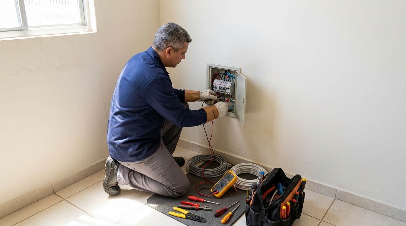 Eletricista realizando manutencao em Salvador‑BA
